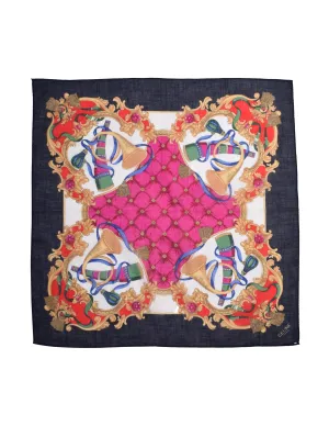 Celine Vintage Navy Colorful Baroque French Horn Motif Cotton Scarf