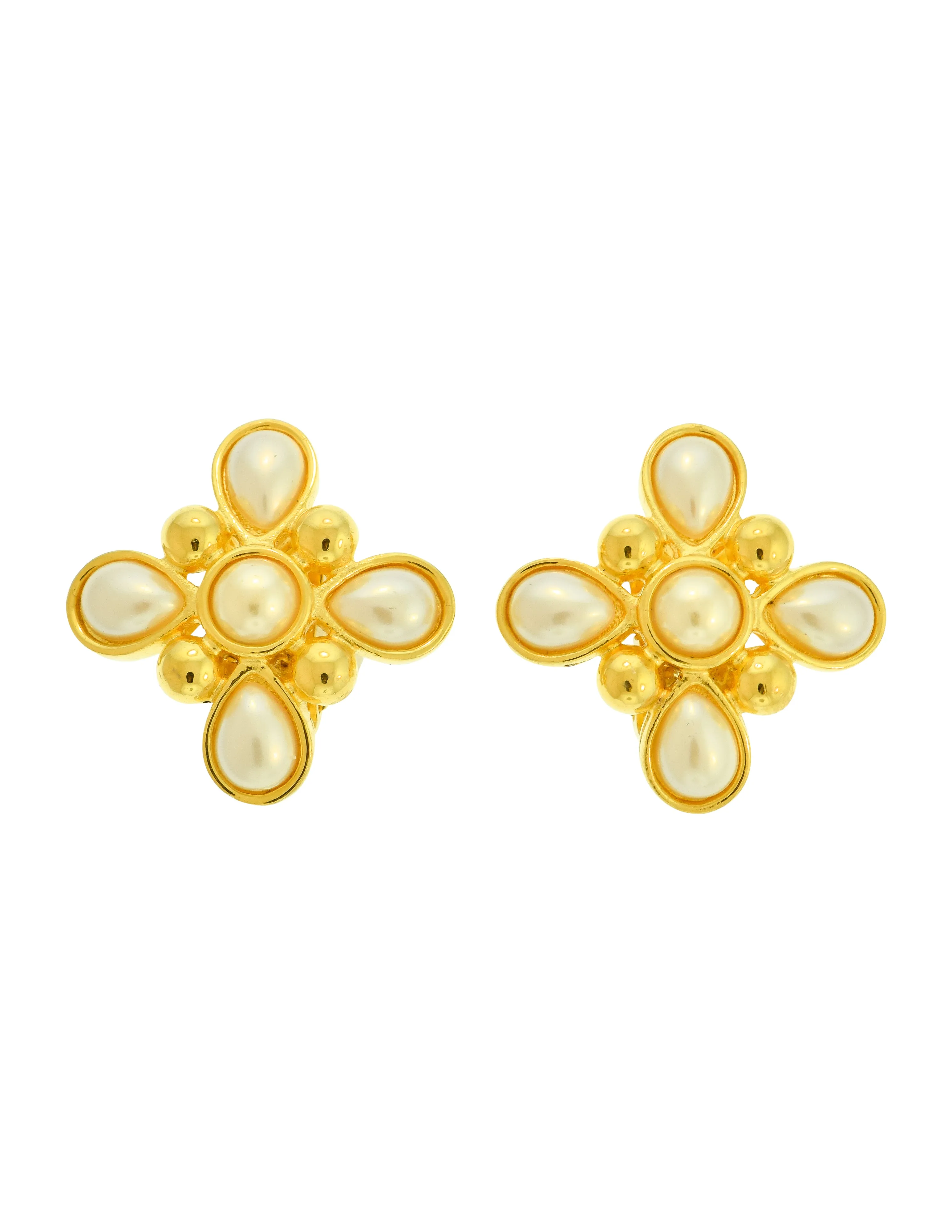 Fendi Vintage Golden Four Point Teardrop Pearl Earrings