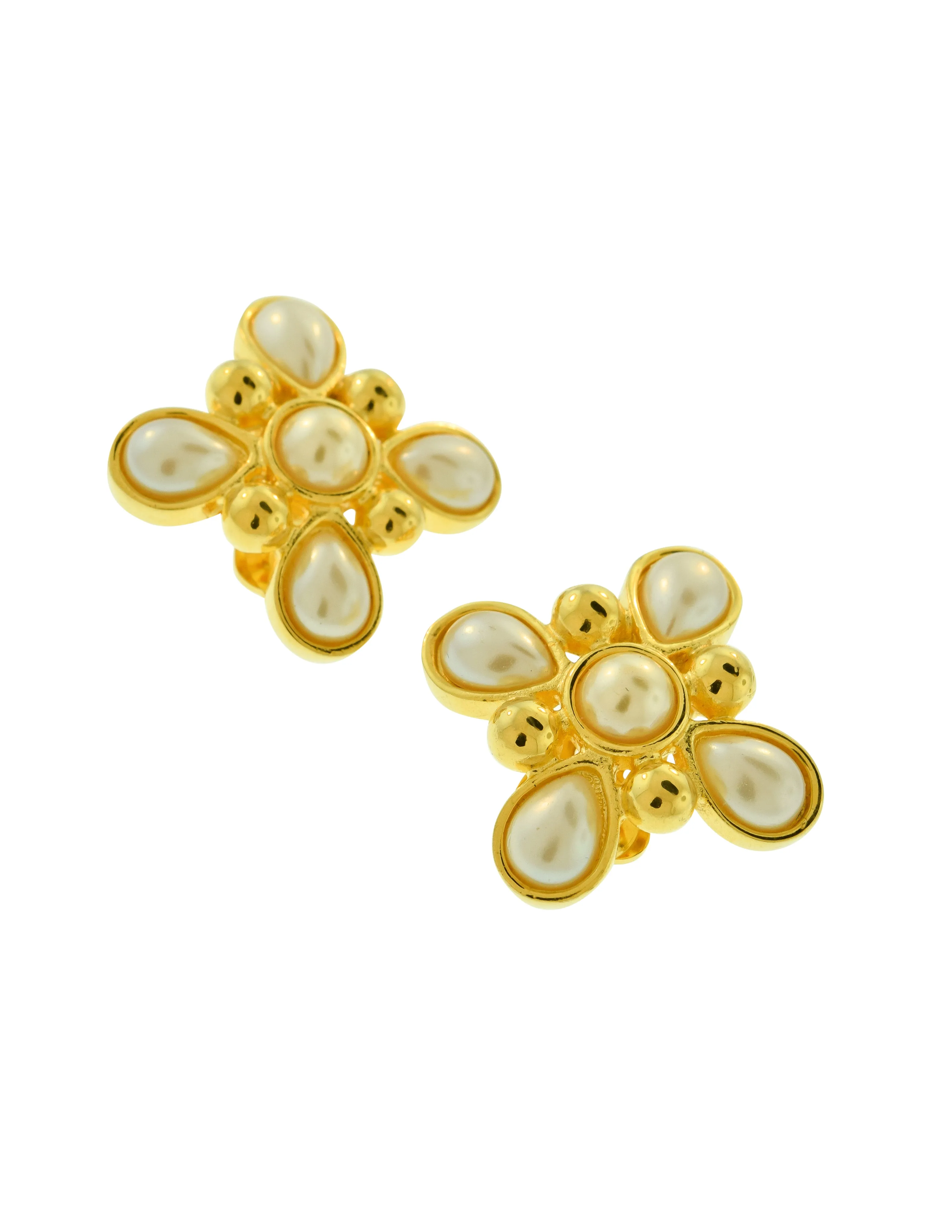 Fendi Vintage Golden Four Point Teardrop Pearl Earrings