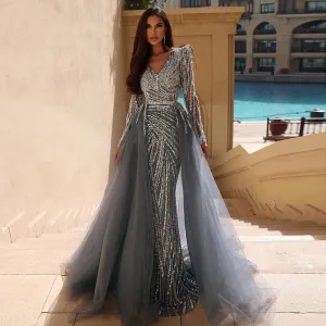 For Sale Luxury Blue Long Sleeve Evening Dress with Detachable Skirt SS432