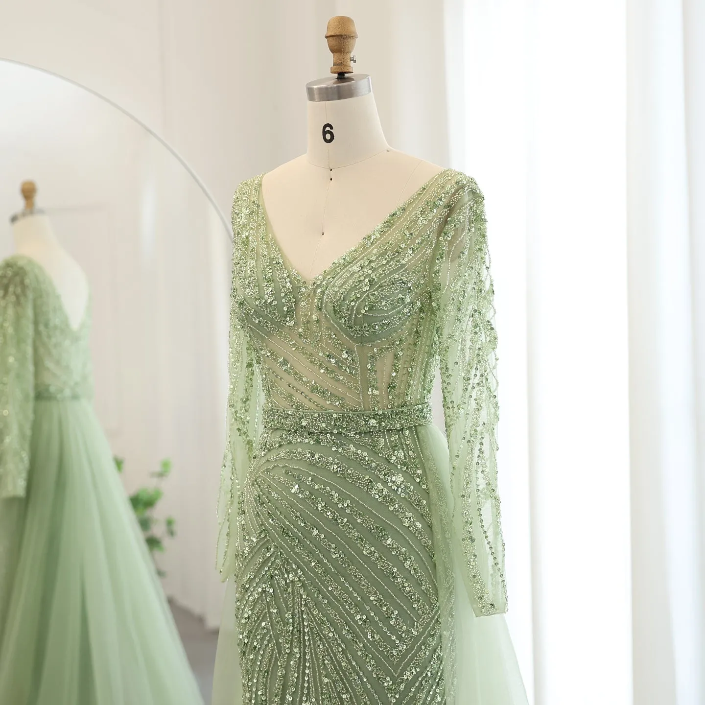 For Sale Luxury Blue Long Sleeve Evening Dress with Detachable Skirt SS432
