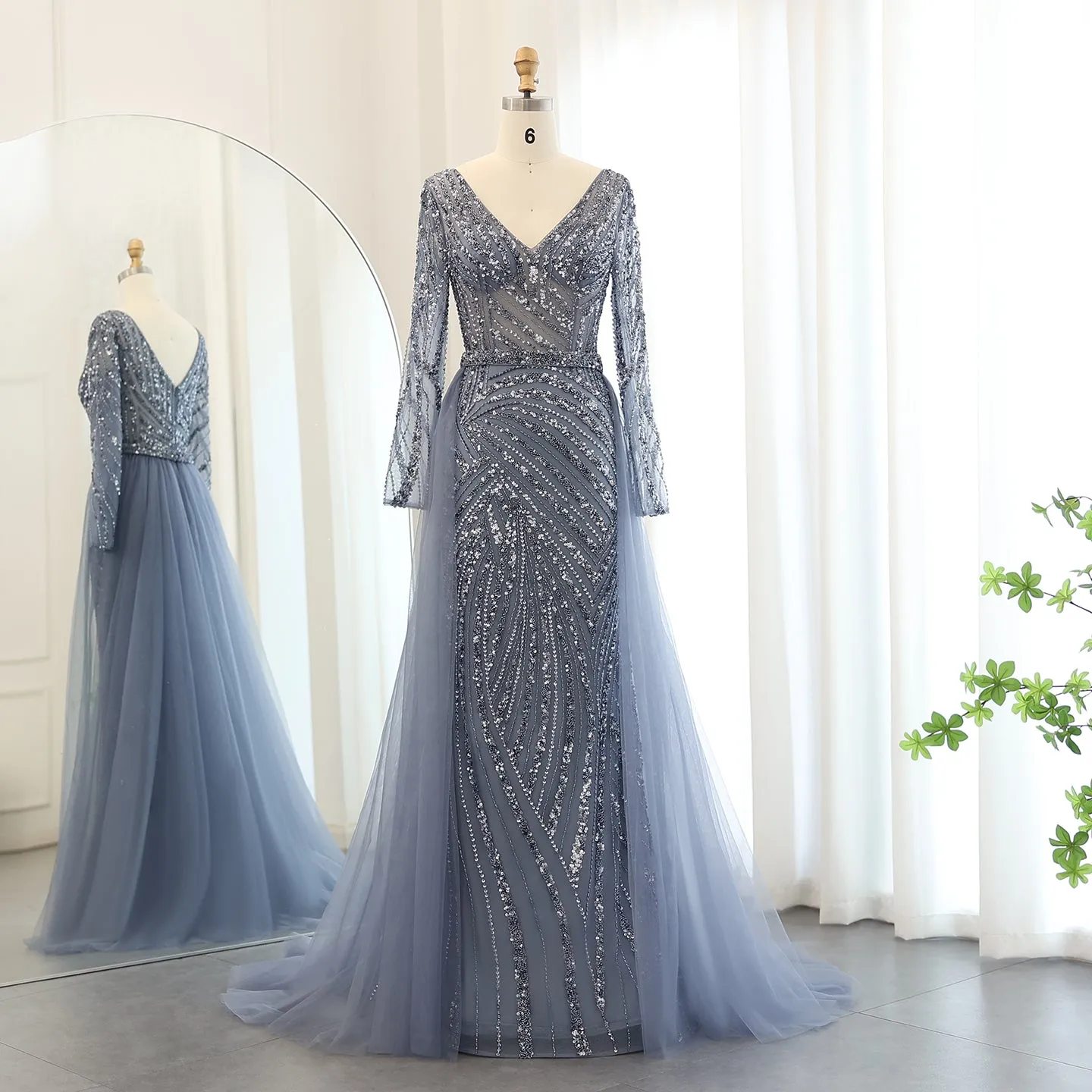 For Sale Luxury Blue Long Sleeve Evening Dress with Detachable Skirt SS432
