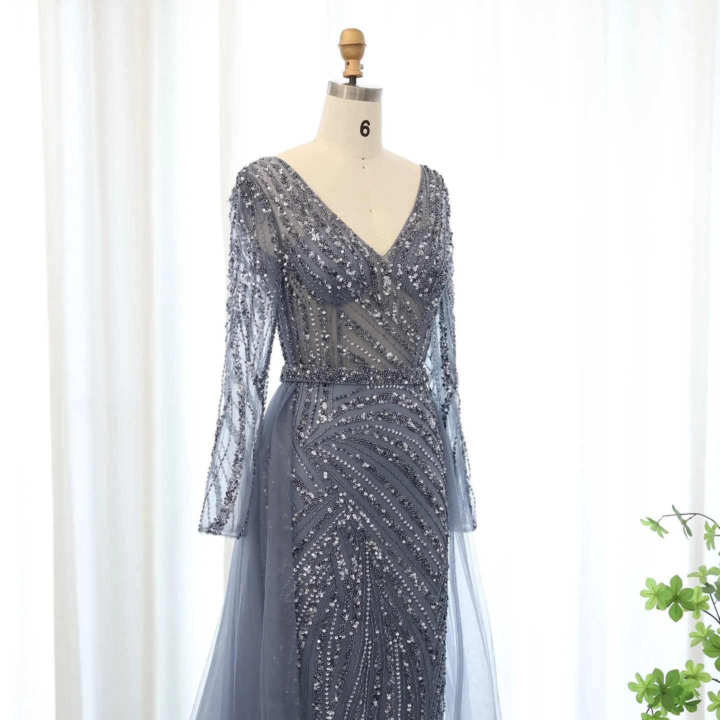 For Sale Luxury Blue Long Sleeve Evening Dress with Detachable Skirt SS432