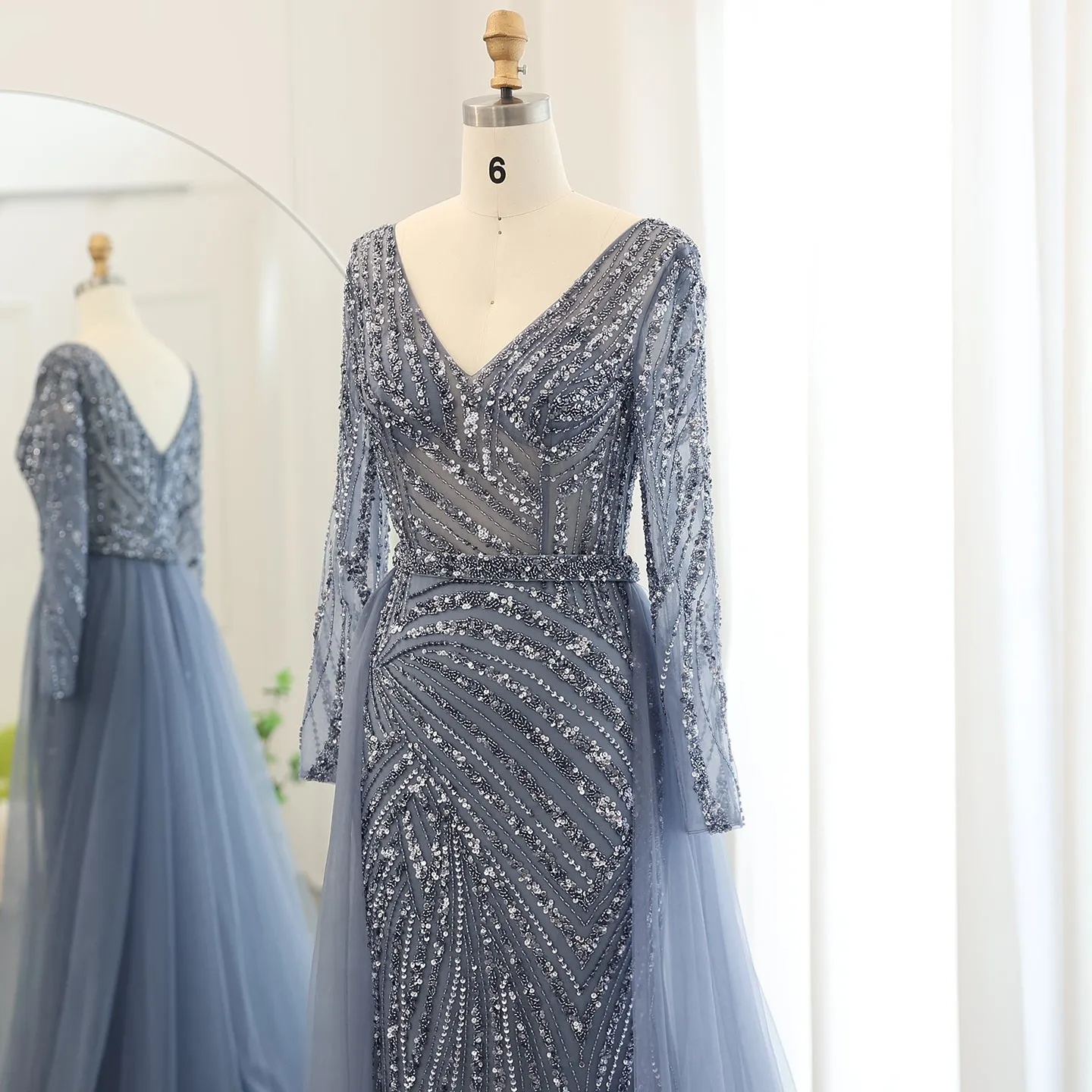 For Sale Luxury Blue Long Sleeve Evening Dress with Detachable Skirt SS432