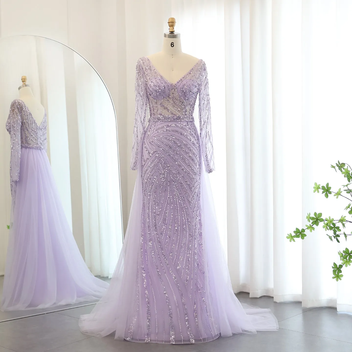 For Sale Luxury Blue Long Sleeve Evening Dress with Detachable Skirt SS432