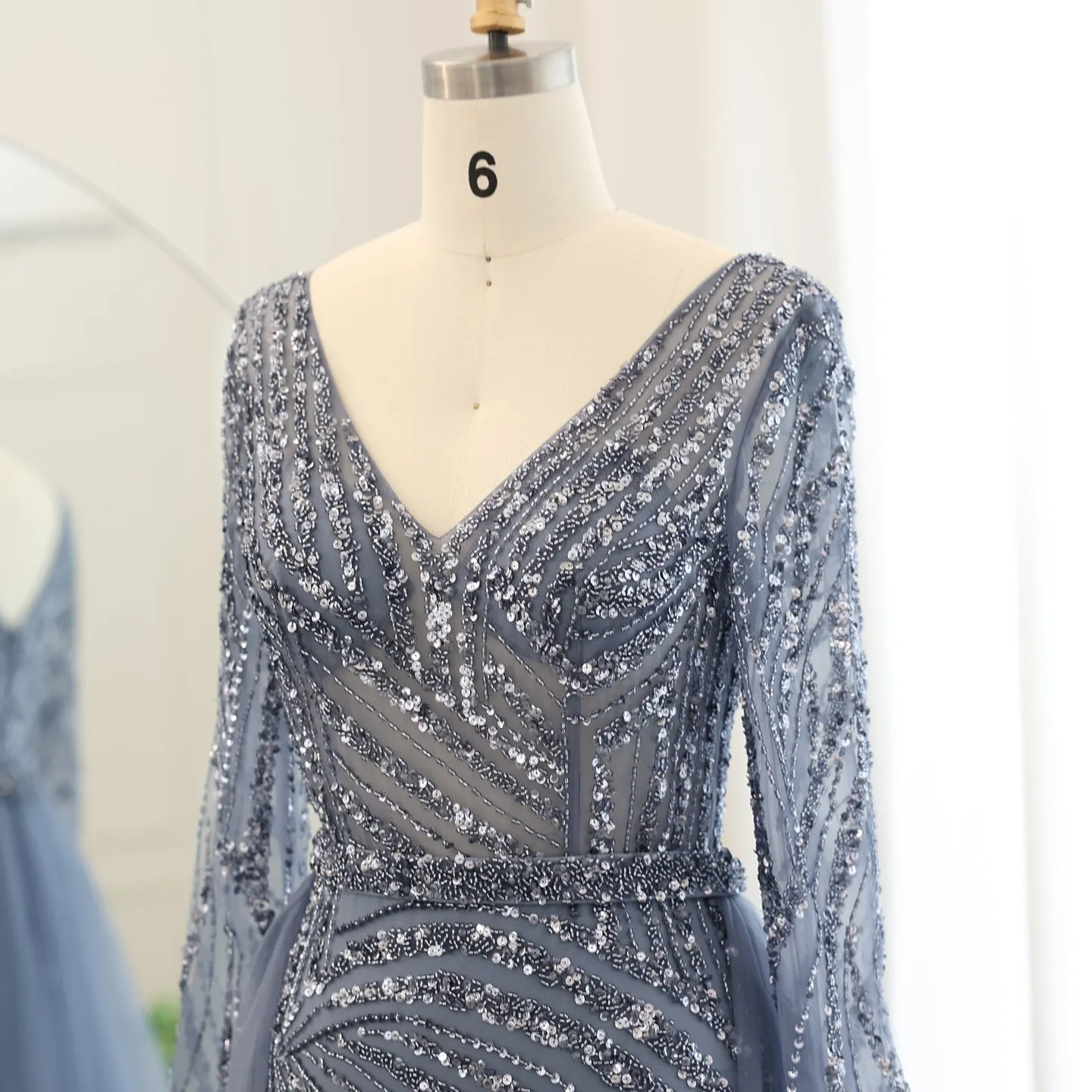 For Sale Luxury Blue Long Sleeve Evening Dress with Detachable Skirt SS432