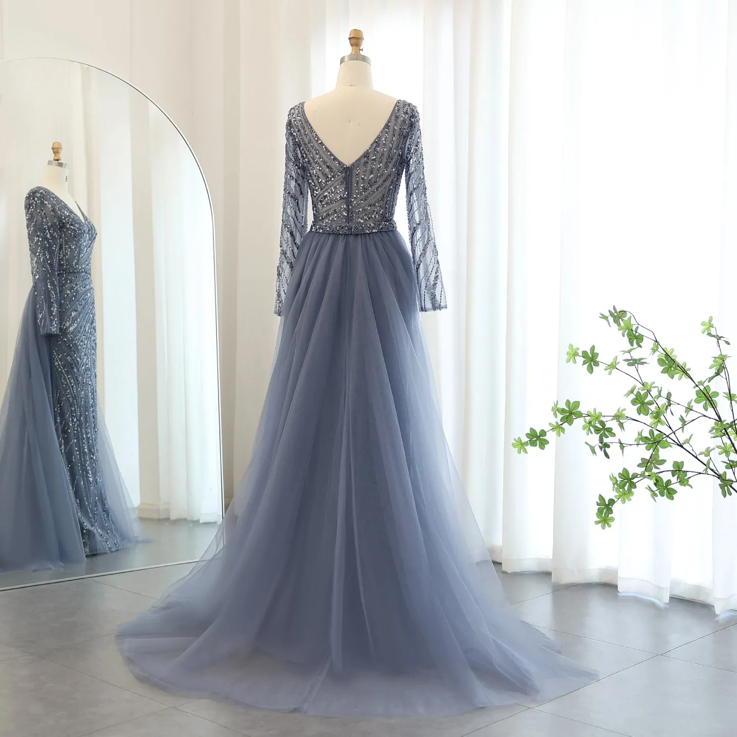 For Sale Luxury Blue Long Sleeve Evening Dress with Detachable Skirt SS432
