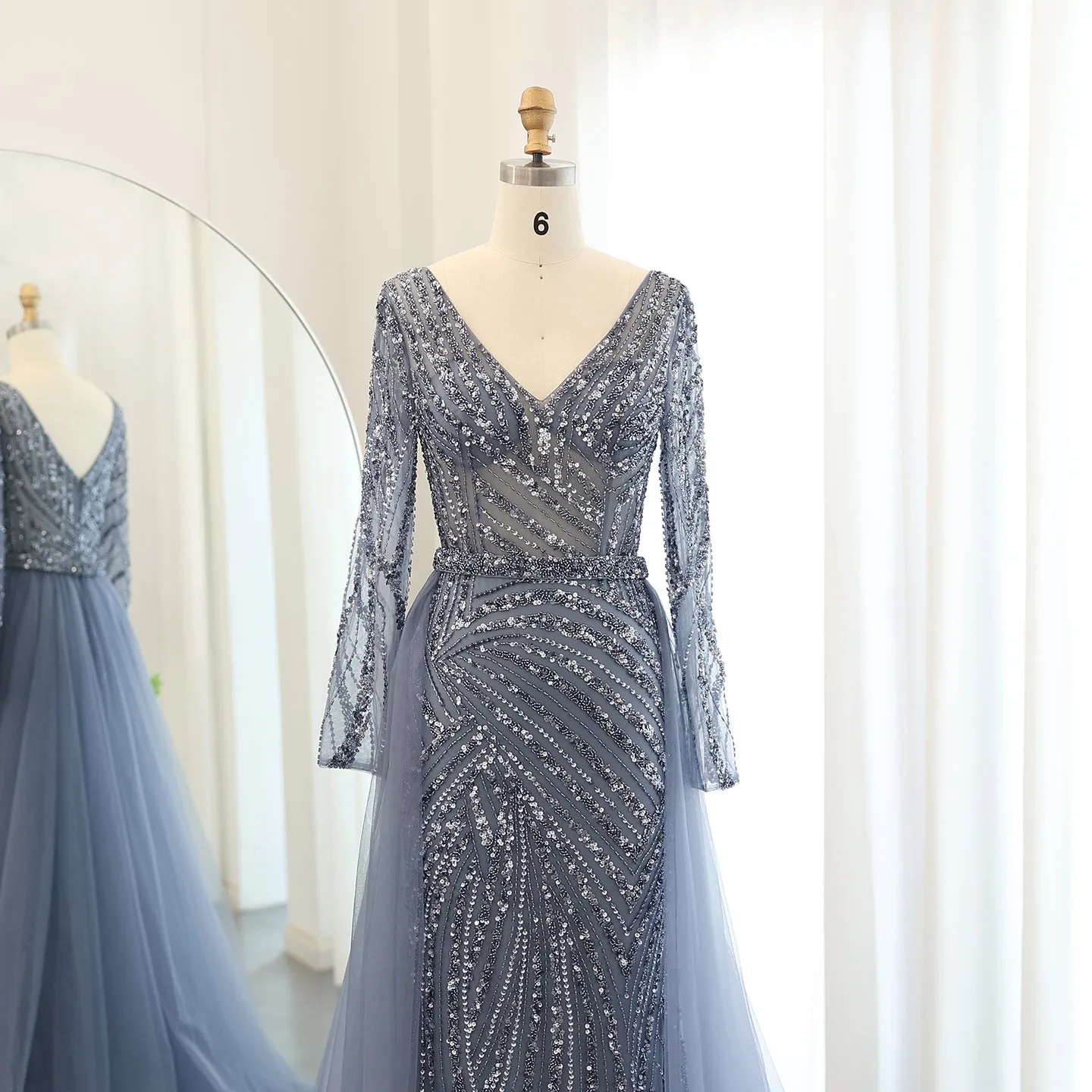 For Sale Luxury Blue Long Sleeve Evening Dress with Detachable Skirt SS432