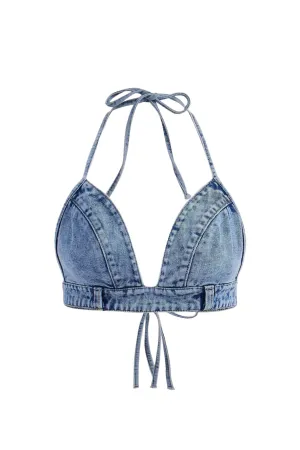 Wolf Backless Crop Top (Blue Denim)